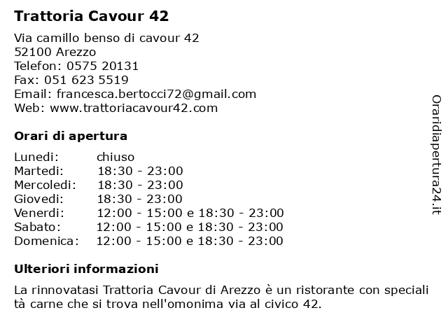 Orari di apertura Trattoria Cavour 42 Via camillo benso di